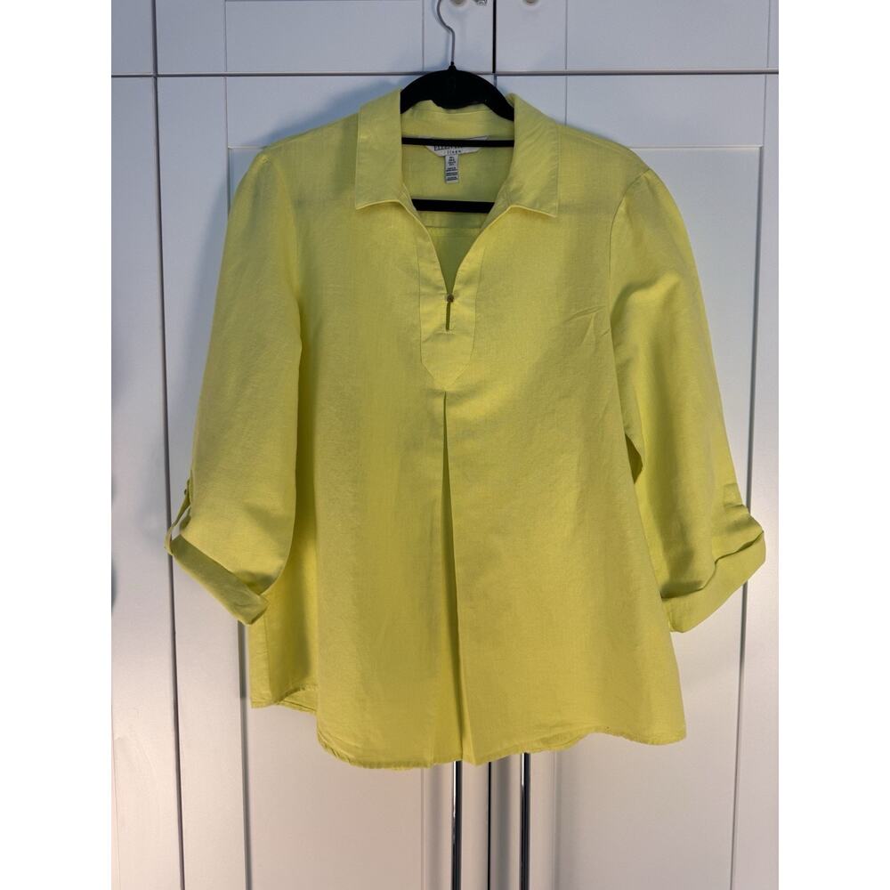 Ellen Tracy Linen Blouse Yellow Roll Tab Sleeve Tunic Top Relaxed Sz L Resort